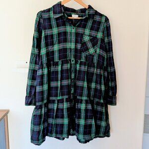 Crown & Ivy Women's Tiered Plaid Flannel Dress XLarge Green Navy Blue w Pockets